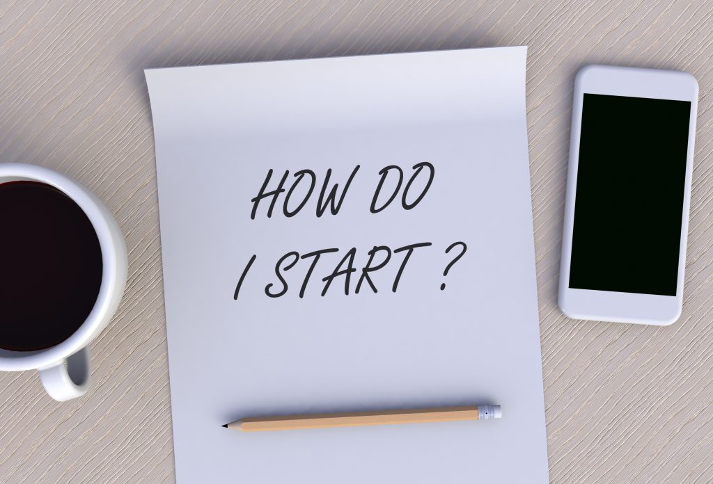 HOW DO I START, message on paper, smart phone and coffee on table, 3D rendering